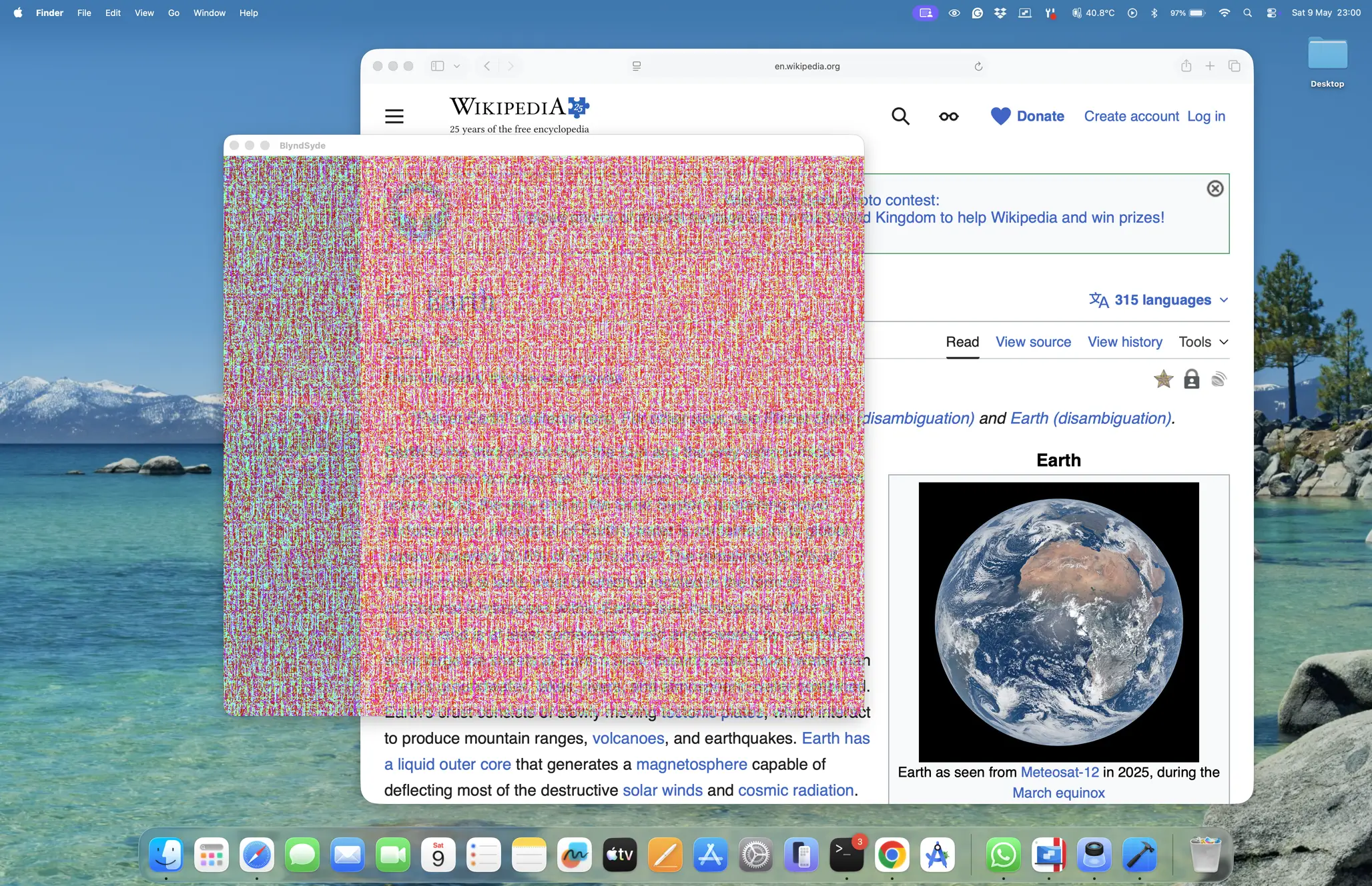 The same Mac screen with BlyndSyde On — content scrambled into a multicolor field