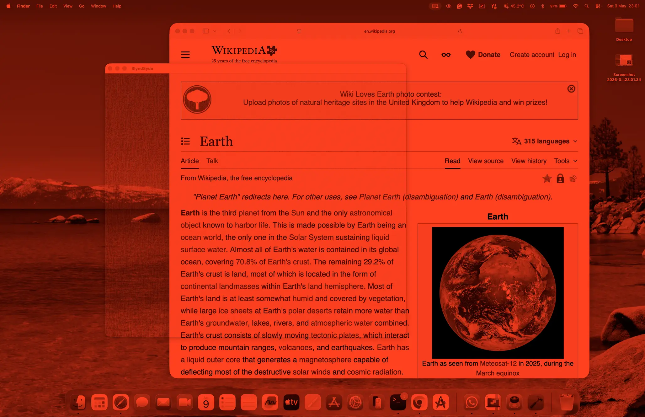 The scrambled screen as it appears through deep-red BlyndSyde glasses — readable again