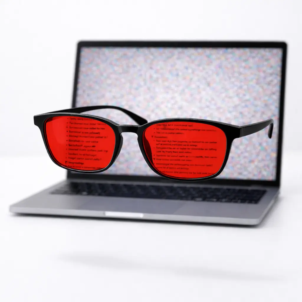 Red-lens glasses held over a MacBook display, revealing readable text on a screen of scrambled color